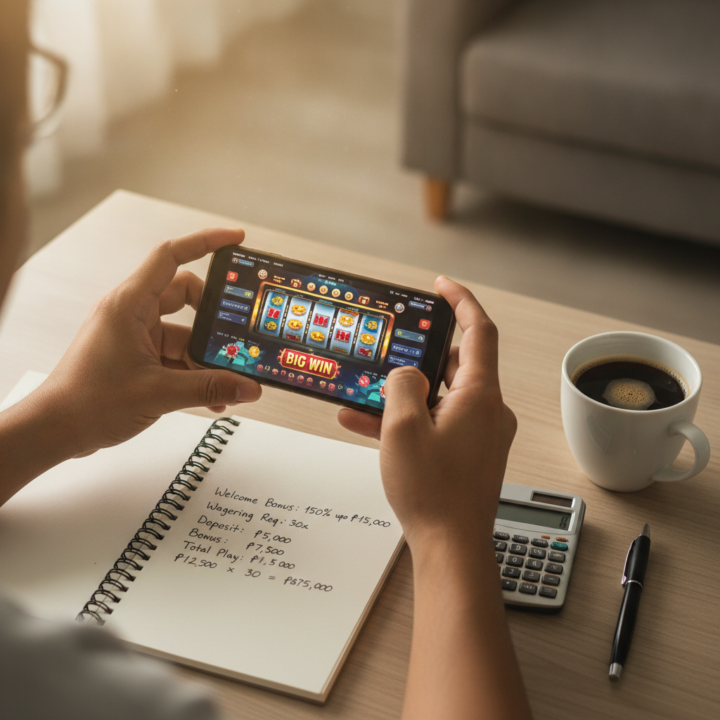 Person comparing casino bonus terms on smartphone with notes and calculator